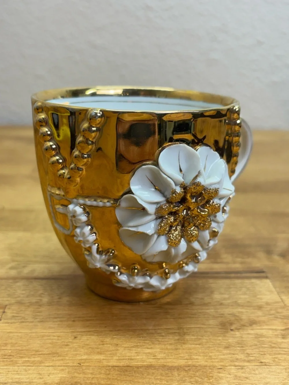 Antique German Gold Luster Mustache Cup & Tea Cup Set 3D Applied Flower 1890s